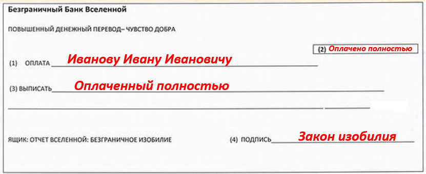 Благодарственный банк вселенной чек изобилия образец заполнения